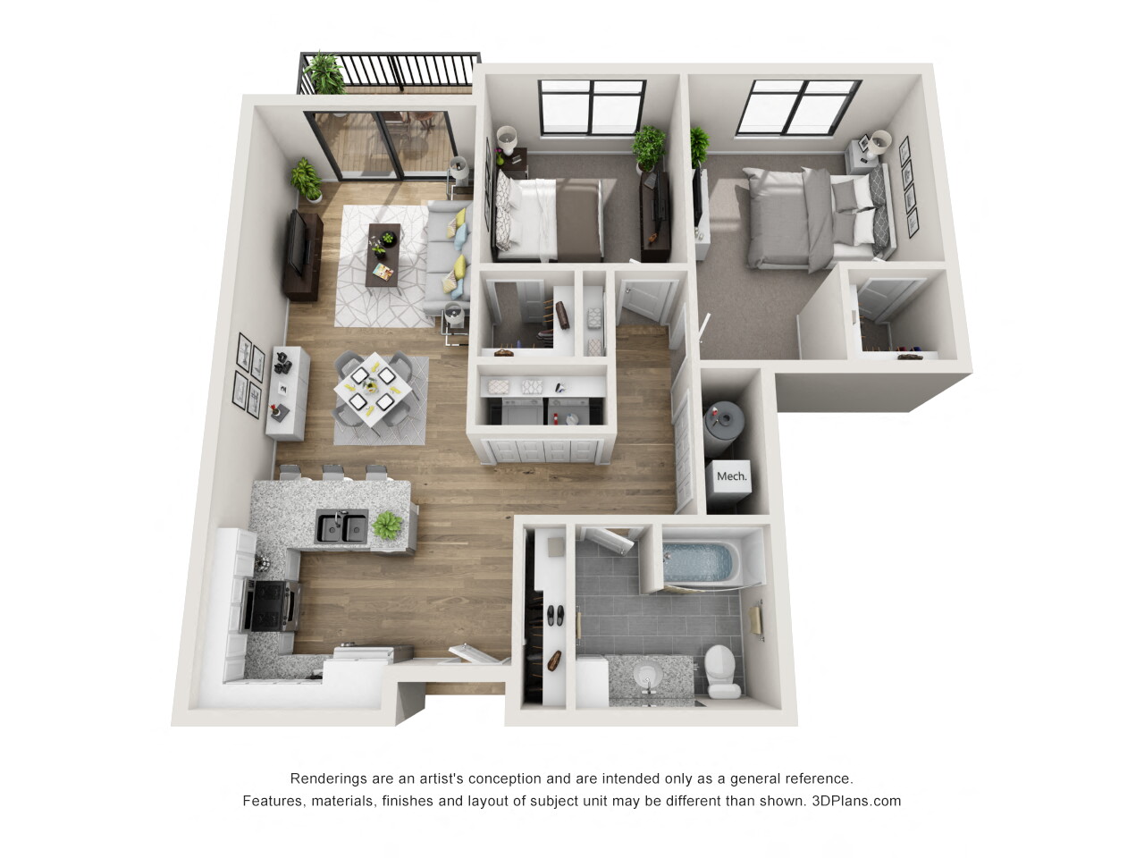 Floor plan for 2 beds, 1 bath, 993 sqft